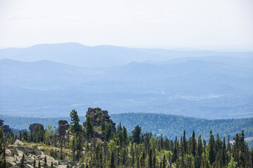 Weathering pillars on Mount Zelenaya. Sheregesh, Russia