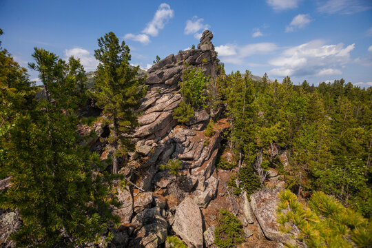 Weathering pillars on Mount Zelenaya. Sheregesh, Russia