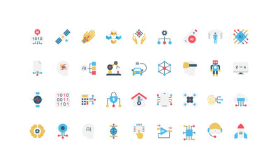 Naklejka premium Modern flat icons representing artificial intelligence, machine learning, robotics, automation, neural networks, and digital innovation in technology isolated vector illustration