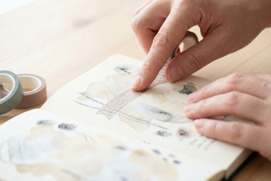 Person decorating a bullet journal or scrapbook with patterned washi tape over a watercolor background.