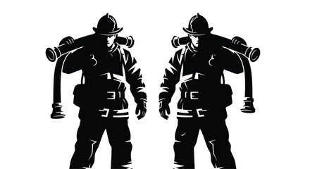 Obraz premium Two firefighters in silhouette carrying hoses on their shoulders