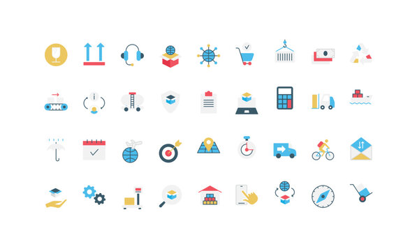 Modern flat icons for logistics, cargo, delivery, shipping, warehouse, and supply chain concepts isolated on white background vector illustration