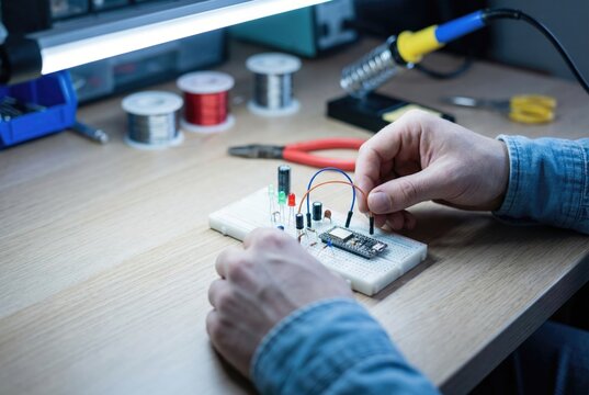 Electronics hobbyist or student prototyping a circuit on a breadboard with wires and components.