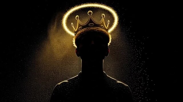 Mysterious Silhouette with Golden Crown and Halo in Dark Setting.