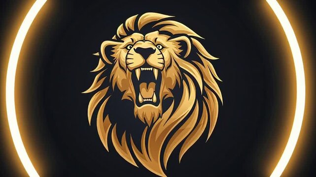 Roaring Lion Head in Golden Neon Circle on Dark Background.
