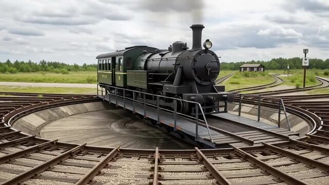 Vintage Steam Train on a Turntable with Multiple Tracks Under a Cloudy Sky.