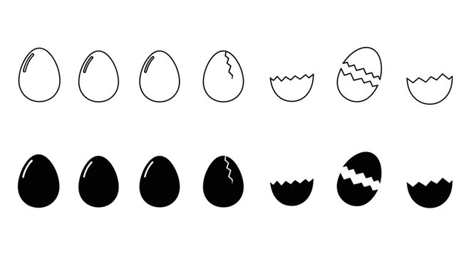 Egg Silhouette and Outline Icon Set with Whole and Cracked Shells for Cooking Breakfast and Farming Graphic Design