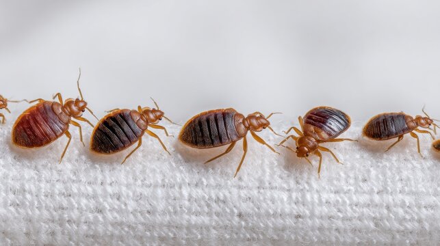 Row of bed bugs crawling along fabric seam. Close-up of household parasites on bedding. Pest infestation, hygiene threat and extermination concept