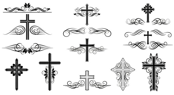 Christian Cross Silhouette Mega Set with Decorative Flourishes and Ornamental Filigree for Religious Memorial and Faith Branding