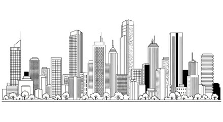 Fototapeta premium Modern City Skyline Panorama with Skyscraper Buildings in Minimalist Black and White Line Art Outline Vector