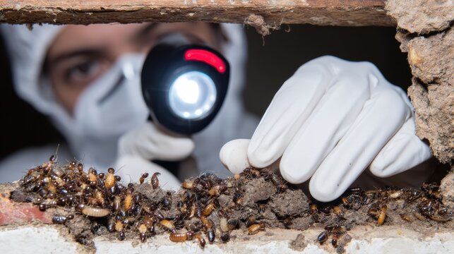 Pest control inspector examining termite colony inside damaged wood. Close-up of infestation in structural beam. Home inspection and extermination concept