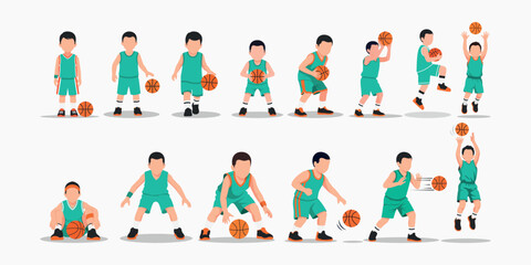 Fototapeta premium Diverse Cartoon Illustrations of Young Boys Engaged in Various Basketball Actions and Poses, Showcasing Different Sports Skills and Dynamic Movements