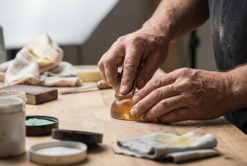 Obraz premium Artisan's hands sanding and polishing a piece of amber or resin to create handmade jewelry.
