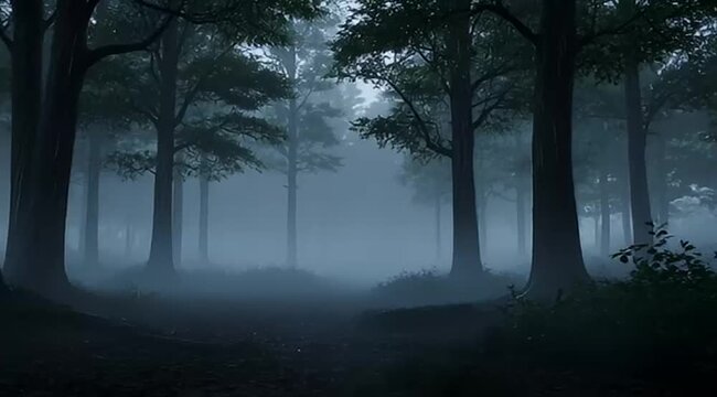 Ethereal forest scene with heavy rain, fog, and mystic light shafts
