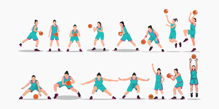 Dynamic illustration of female basketball player in various poses and actions, showcasing athleticism and energy