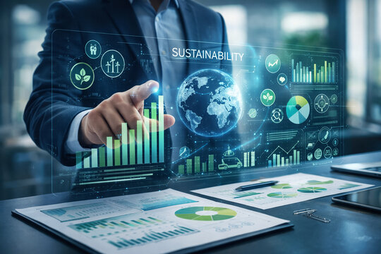 Businessman using digital sustainability dashboard with ESG metrics, carbon footprint charts and renewable energy icons for corporate strategy