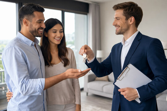 Real estate agent handing house keys to happy couple in modern apartment, home purchase agreement, mortgage approval and new property closing