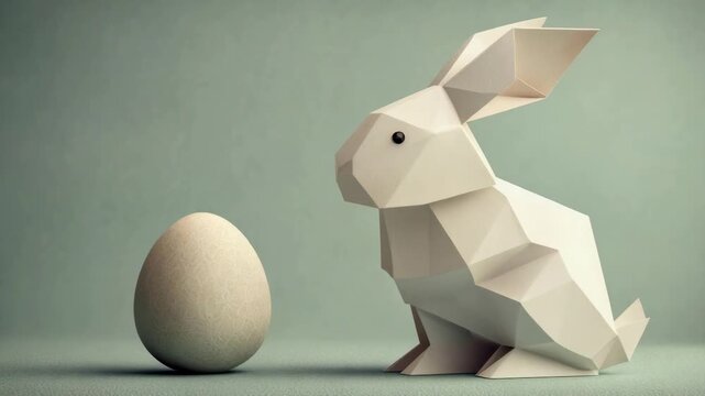 Geometric origami rabbit and egg on minimalist background