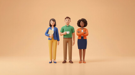 Obraz premium 3D Cartoon Office Team of Three Colleagues with Folder and Coffee Cup, Diverse Business People on Soft Beige Background with Copy Space