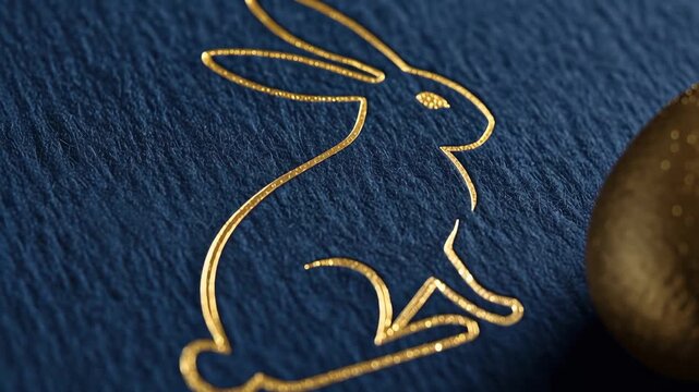 Elegant golden easter egg on blue texture with minimalist rabbit design
