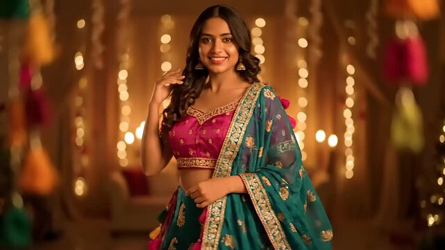 Beautiful smiling Indian woman in traditional lengha choli attire posing in decorative lighting setup for celebration, festive, portrait, fashion