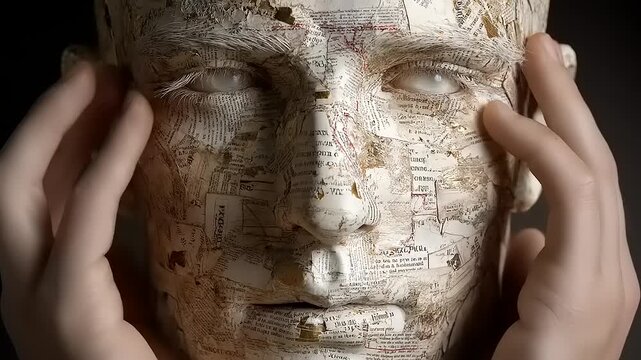 Hands Touching Stone Face Sculpture Closeup.