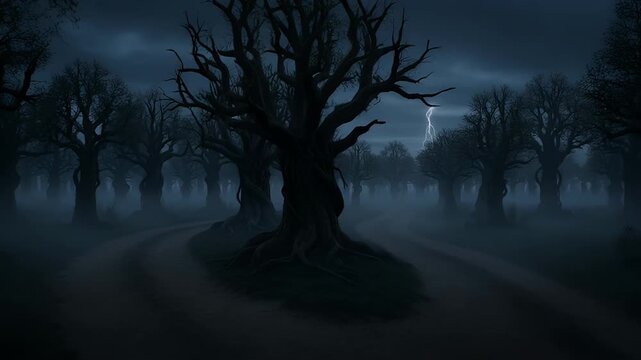 A Sinister and Ominous Nighttime Forest Scene with Lightning Strikes Overhead