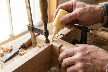 A carpenter applying wood glue to a dovetail joint on a piece of furniture and securing it with a clamp.