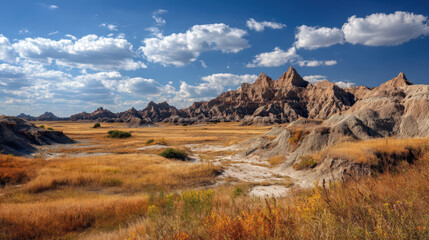 Obraz premium Summer landscape with nature dry grass and rugged mountain under bright blue sky filled with clouds creating peaceful scene