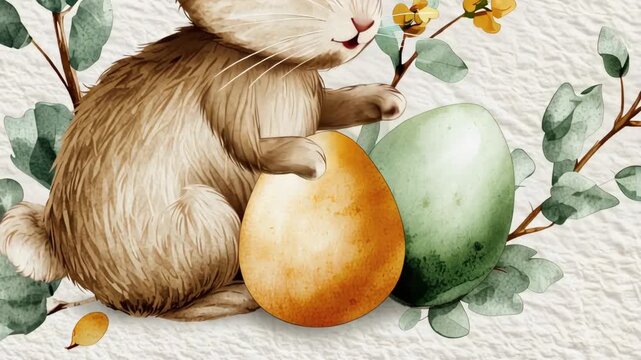 Cute easter bunny with colorful eggs and spring foliage on textured background