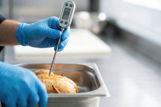 A chef in blue gloves using a digital food thermometer to check the internal temperature of a roasted chicken.