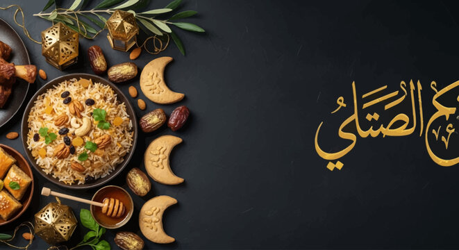 Eid al Fitr celebration with traditional Eid food and festive feast, Muslim family gathering, Islamic holiday, Ramadan end, halal food