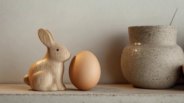 Minimalist shelf display: wooden rabbit, egg, and ceramic vase in natural tones