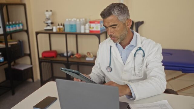 Man doctor in white coat with stethoscope holds tablet while typing on laptop at a desk in a medical building surrounded by supplies and exam table; quiet concentration.