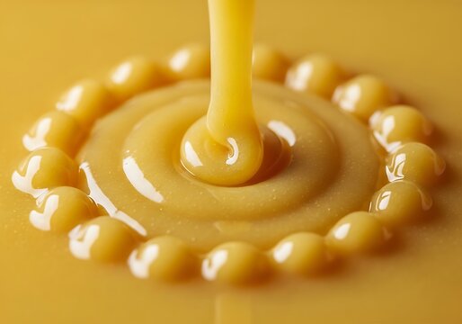 Closeup of caramel sauce being poured into a pool of caramel sauce