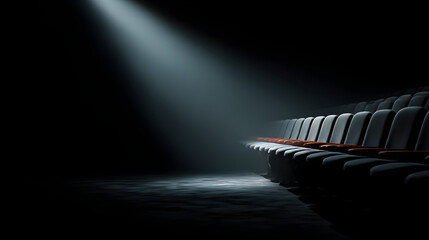 Empty theater seats lit by single spotlight, emotional anticipation, cinematic minimal realism