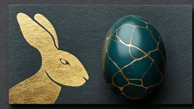 Elegant gold leaf rabbit and green marble egg on textured background