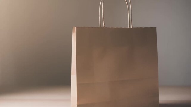 Minimalistic kraft shopping bag on a neutral background ideal for retail, promotion, and eco-friendly branding campaigns.