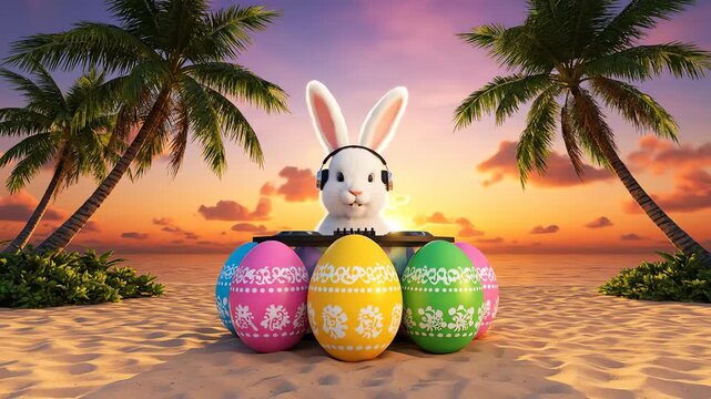 White rabbit dj character on tropical beach with colorful easter eggs synthetic media