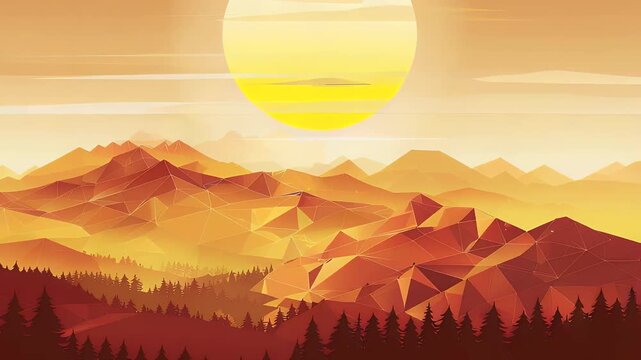 Vibrant geometric sunset over mountain landscape with silhouette forest in foreground, perfect for nature-themed designs and backgrounds.