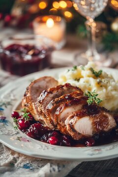 Slices of roasted turkey with cranberry compote and mashed garlic potatoes, served on a festive holiday table. Warm ambient lighting and subtle decorations evoke a comforting seasonal atmosphere.