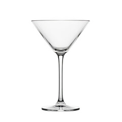 A clear martini glass on a white background