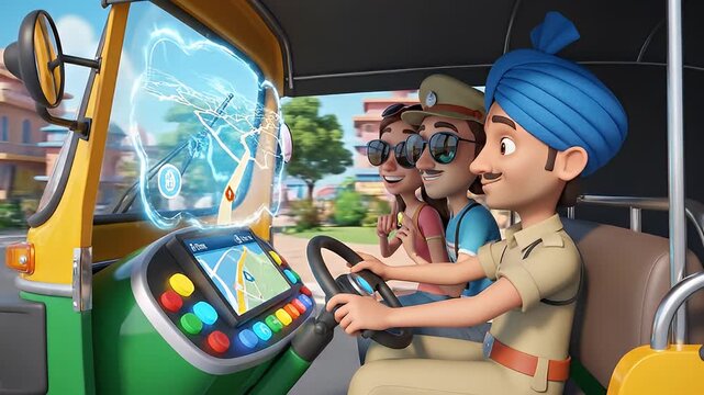 Cartoon Men Riding in Tuk Tuk.