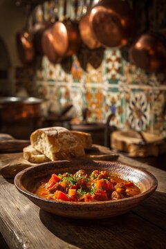 Rustic bowl of chorizo and roasted pepper stew served with crusty bread, under warm kitchen lighting. Traditional comfort dish with Spanish influences and cozy interior vibe.