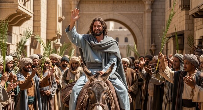 Biblical palm Sunday scene of Jesus riding a donkey through Jerusalem crowd for religious Easter holy week design. 