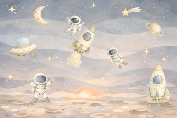 Watercolor Space Wallpaper Mockup Background | Soft Pastel Astronaut and Rocket Nursery Design