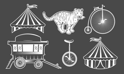 Circus icon set includes striped tents, tiger, circus wagon, unicycle and retro bicycle isolated on black background. Vintage carnival or festival designs. Vector illustration © MegaShabanov