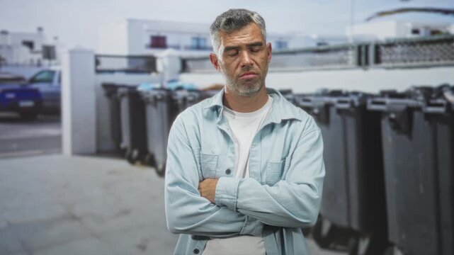 Man middle age grey hair with arms crossed, wearing light blue shirt and white tee, standing by a row of trash bins on a street; urban resignation.