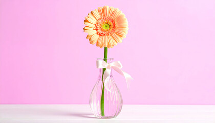 Single peach gerbera daisy in a clear vase with a pink ribbon on a pink background
