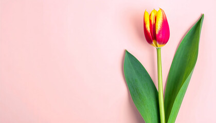 Single vibrant red and yellow tulip with green leaves on a soft pink background
